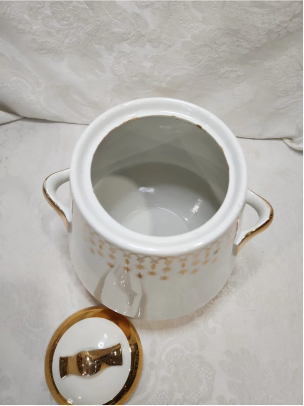 Vintage Flare Ware Hall China Lidded Cookie Jar Canister Atomic Stars Gold Lace